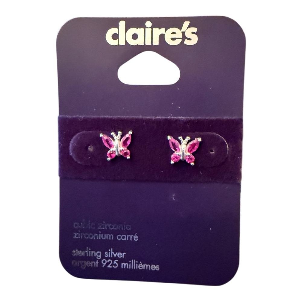 Claire’s Pink Butterfly CZ 925 Sterling Silver Stud Earrings NWT